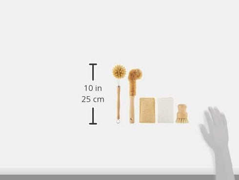 Set 5-Piece Set 2 Tieralia Bamboo Dish Brush Gift Kitchen Cleaning with Bottle Brush, Round Scrub Brush, Palm Brush