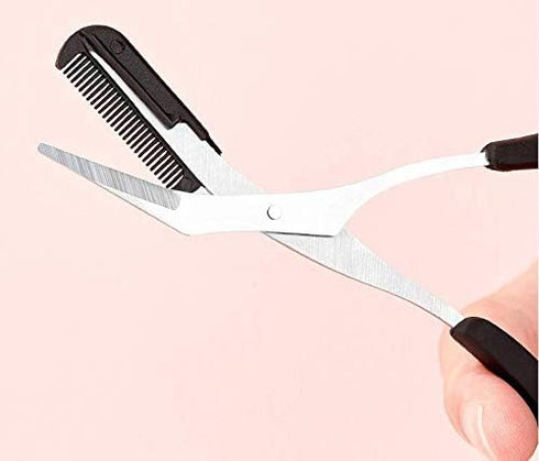 Professional Precision Eyebrow Trimmer Scissors with Comb, Black Silver Tone, Grooming for Men Women.
