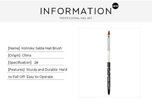 Black Size 2# 100% Kolinsky Sable Acrylic Nail Art Brushes UV Gel Nail Painting Pen Brushes (Size 2)