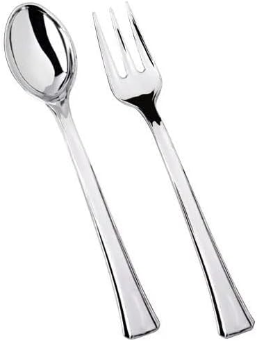 Mini Polished Silver Spoon and Fork Plastic Combo Set Durable Disposable Utensils