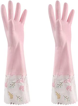 1 Pair Pink Flower Rubber Gloves, Non-slip Waterproof Winter Household Dishwashing Latex Glove with Fleece Lining