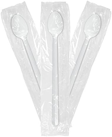 Medium Weight Wrapped-Plastic Disposable Long Shake Spoons, White, 100 pcs Value Pack