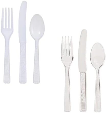 White and Clear Plastic Cutlery Set Durable Disposable Forks, Spoons and Knives