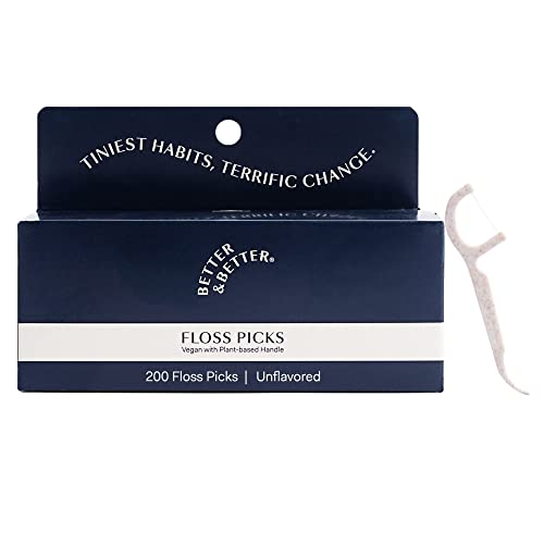Better & Better Floss Picks, Box of 200, Unflavored Vegan Dental Floss Picks for Adults & Kids