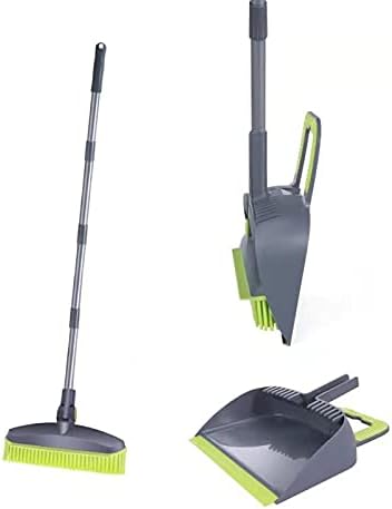 Adjustable Rubber Push Broom and Dustpan Set, Self Cleaning Indoor Outdoor Angle Brooms for Home, Long Handle for Pets