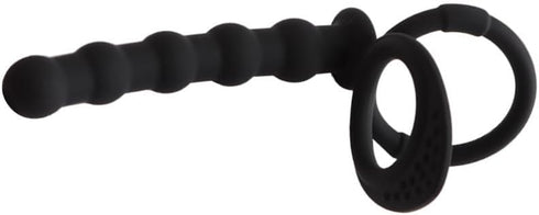 HAOSOAH 2-in-1 5.12 Inch 2.3 oz Dual Cock Ring with Anal Plug, Silicone Design, Length, (Black)