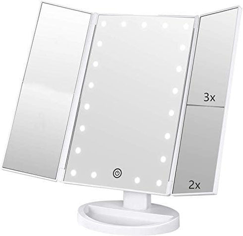 Tri-fold Lighted Vanity Makeup Mirror, 3x/2x/1x Magnification, 21 LEDs, Touch Screen, 180 Degree Rotation