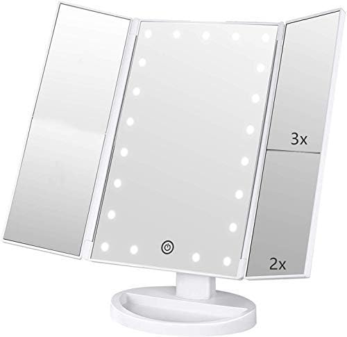 Tri-fold Lighted Vanity Makeup Mirror, 3x/2x/1x Magnification, 21 LEDs, Touch Screen, 180 Degree Rotation