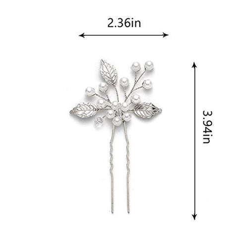 Heread Pearl Bride Wedding Hair Pins Leaf Bridal Head Piece Flower Hair Accessories for Women and Girls (Pack of 3) (Silver)