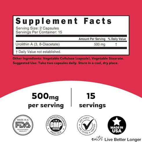 Nutri Urolithin A Supplement 500mg - 30 Vegan Capsules, 2 Week+ Supply - Powerful NAD+ Boost, Antioxidant, Cell Repair
