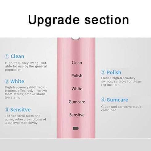 RED-NI Sonic Electric Toothbrush, 4 Free Replacement Heads Included, USB Fast Charging Waterproof Toothbrush, Pink