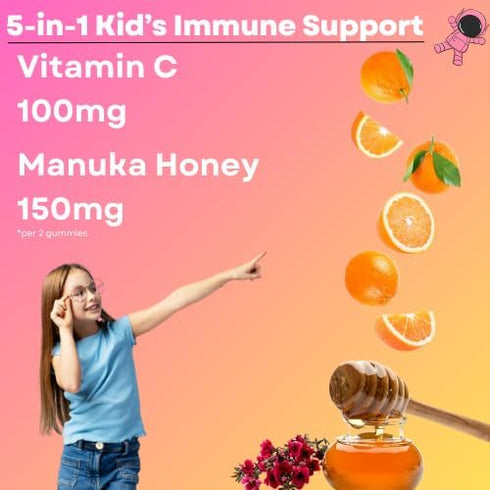5-in-1 Kid's Immune Support Gummy with Manuka Honey, Vitamin C, Zinc, Echinacea, Ginger - 60 Count, Natural Citrus