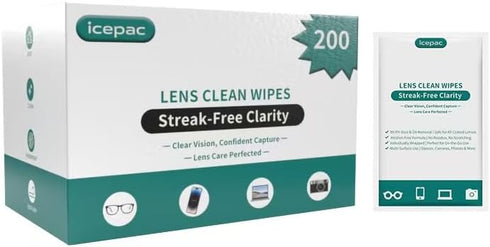 icepac 200-Moistened 5x6 Inches Lens Wipes for Eyeglasses - Individual Wrapped Eye Glasses Cleaning Wipes | -Cleaner