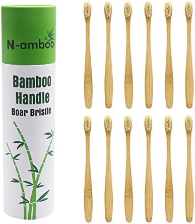 Boar Bristles Natural Bamboo Toothbrush, Eco-Friendly Biodegradable, Pack of 12