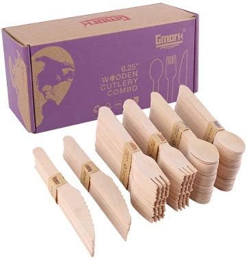 Gmark Disposable Wooden Cutlery Set, 200pcs - 80 Forks, 80 Spoons, 40 Knives, Biodegradable