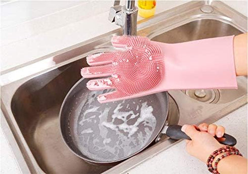 Yinceber (13.6" Silicone Dishwashing Gloves, Pet Grooming Rubber Scrubbing for Dishes, Sponge Wash Cleaning
