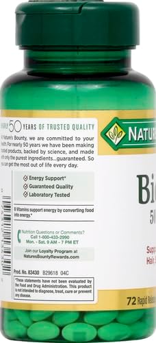 Nature's Bounty Biotin Vitamin Supplement, 5000 mcg, 72 Softgels - Supports Metabolism for Healthy Hair, Skin & Nails