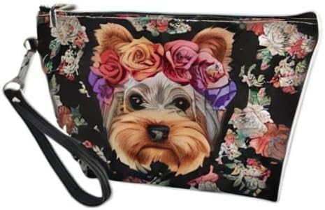 Howilath Floral Yorkie Terrier Dog Makeup Bag, Portable Cosmetic Clutch Bag for Women Travel Shopping