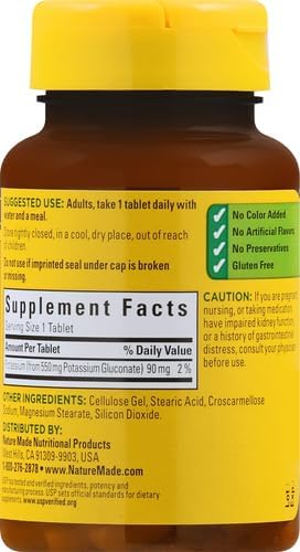 Nature Made Potassium Gluconate 550 mg, Dietary Supplement for Heart Health Support, 100 Tablets, 100 Day Supply