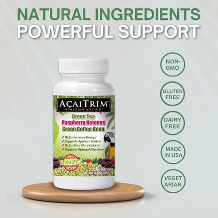 AcaiTrim Weight Loss Supplement | 60 Acai Berry Capsules with Green Tea, Green Coffee, Raspberry Ketones & Probiotics