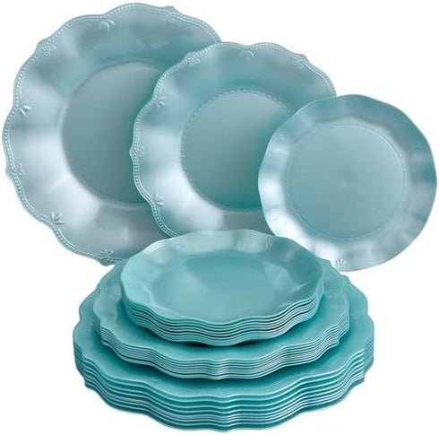SILVER SPOONS 10 PC Vintage Embossed Plastic Dinner Plates, Heavy Duty Disposable Set, 10.75” for Baby Showers, Weddings