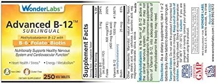 Sublingual Vitamin B12 (1000 mcg), B6 (5mg), Folic Acid (400 mcg) & Biotin (25 mcg) - 250 Tablets