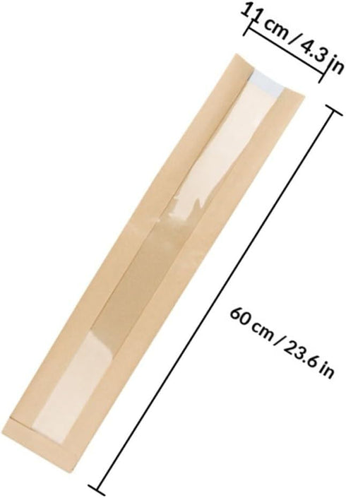 HONITANO 50pcs Packaging Kraft Paper Bread Bags with Window for Baguette Loaf Disposable Paper Bags for Homemade Bread