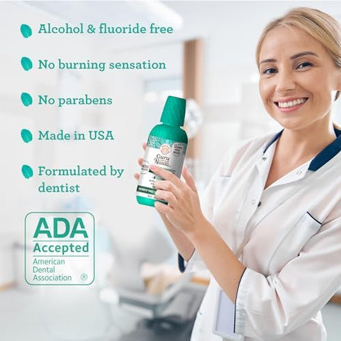 GuruNanda Mouthwash Oral Rinse, Wild Mint, 16 Fl Oz, Promotes Fresh Breath up to 24 hours, Alcohol-free, ADA Accepted