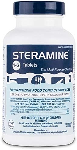 Steramine Quaternary Sanitizing Tablets, 150 Sanitizer Tablets per Bottle, 3 Bottles.