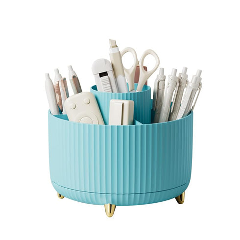 360 Rotating Makeup Brush Organizer, Blue Spinning Countertop Holder with 5 Sections for Cosmetics, Nail Polish, Art