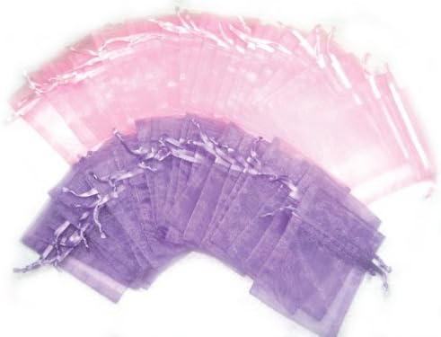 25 Pink & 25 Lavender Purple Organza Bags - 2.75 x 3 Inch Drawstring Pouch for Party Favors & Decorations