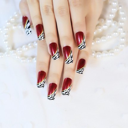YUNAI 24 PCS Medium Length Full Cover False Nails - French Ellipse Red Wine Oblique Leopard Fake Nails
