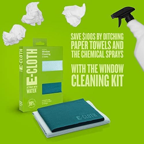 E-Cloth Window Cleaner Kit - Window and Glass Cleaning Cloth, Streak-Free Windows with just Water, Microfiber Towel Cleaning Kit for Windows, Car Windshield, Mirrors - Green - 2pack by E-Cloth