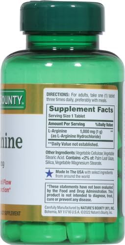 Nature's Bounty L-Arginine, Supports Blood Flow and Vascular Function, 1000 mg, Tablets, 50 Count