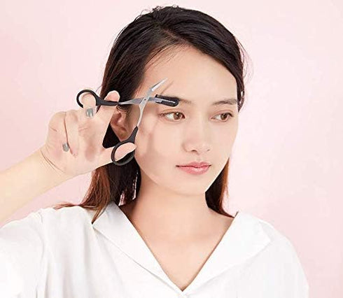 Professional Precision Eyebrow Trimmer Scissors with Comb, Black Silver Tone, Grooming for Men Women.