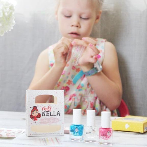 MISS NELLA PARTY COLLECTION 3-3 Peel Off, Odour Free Glitter Nail Polishes Pack - Blue, Clear & Coral