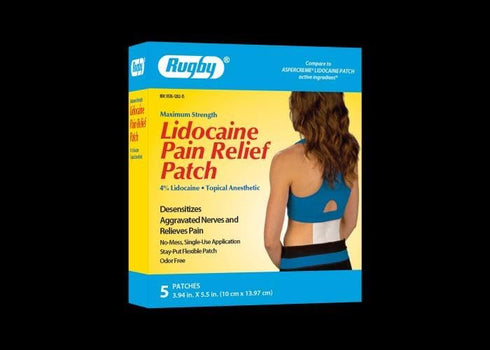 Rugby Maximum Strength Topical Anesthetic 4% Lidocaine Pain Relief Patch, 5 Patches