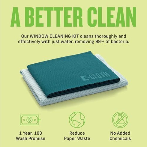 E-Cloth Window Cleaner Kit, Streak-Free Window and Glass Cleaning Cloth, Microfiber Towel Cleaning Kit, Green - 2 Pack