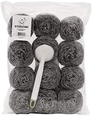 Stainless Steel Sponges Scourer Set with Handle, 12 Pack Large Kitchen Cleaning Tool