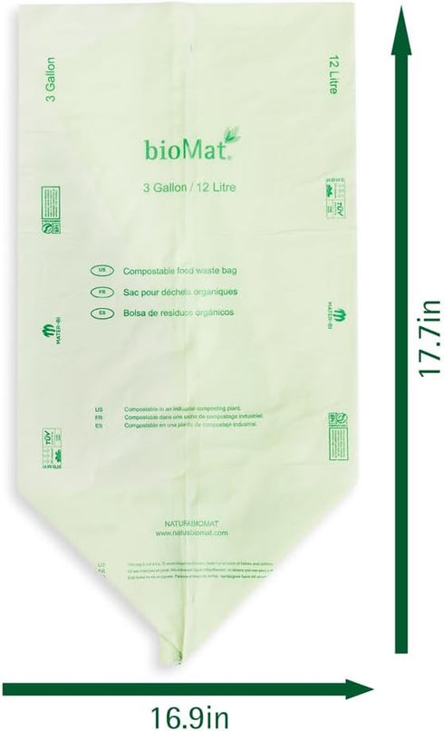 bioMat Compost Bags, 3 Gallon, 125 Count, BPI Certified ASTM D6400, Tear Resistant & Leak Proof