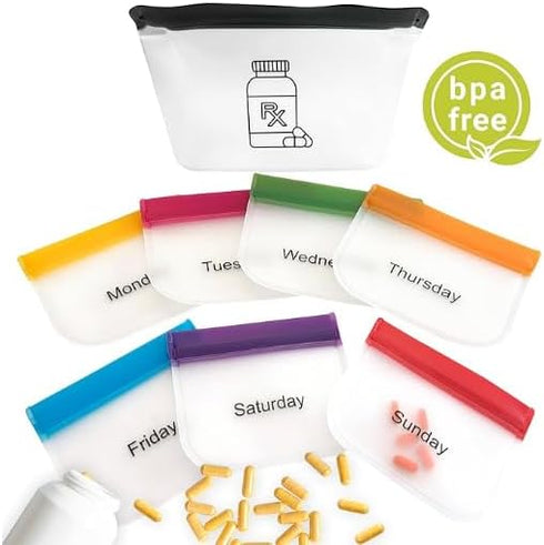 REUSAPAK 7 Set Piece Zipper Pill Pouch Organizers, Daily Purpose & Travel, Color-Coded Vitamin & Medicine Bags, Air