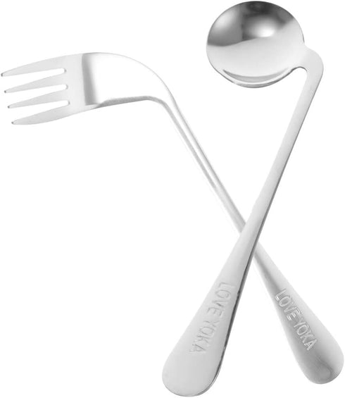 2 Pcs Angled Fork Spoon Set, Ergonomic Curved Utensil for Elderly Patients, Right Hand