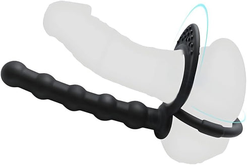 HAOSOAH 2-in-1 5.12 Inch 2.3 oz Dual Cock Ring with Anal Plug, Silicone Design, Length, (Black)