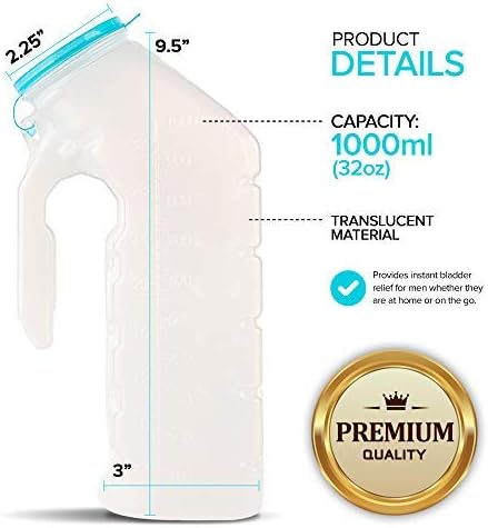 Male Urinal with Glow in The Dark Lid, 32 Oz Urine Bottle for Men (6 Bottles)