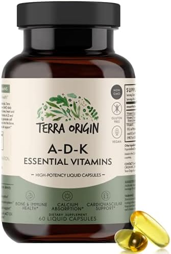 TERRA ORIGIN ADK Essential Vitamins - 60 High Potency Liquid Capsules, Vegan, Non-GMO, Gluten Free, Made in the USA