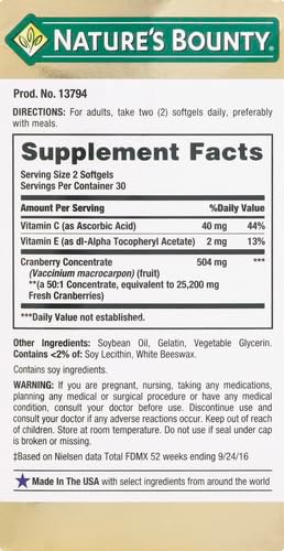 Nature's Bounty Cranberry Dietary Supplement - 60 Ct, Supports Urinary Tract and Immune Health, Softgels, 25,200 Mg