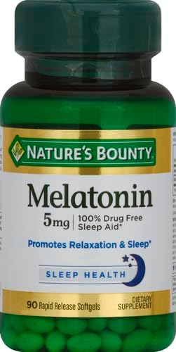 Nature's Bounty Melatonin, 100% Drug Free Sleep Aid, Dietary Supplement, Promotes Relaxation and Sleep Health, 5mg, 90 Softgels