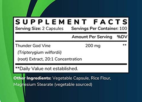Thunder God Vine Root Extract - Tripterygium wilfordii, 20:1 Concentration, 100 mg Vegan Capsules, 200 Count