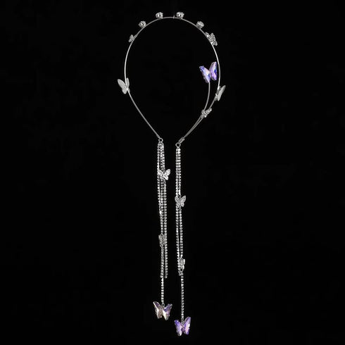 Wedding Butterfly Headband Head Chain, Silver Tassel Hair Hoop Band Decorative Headwear for Women and Girls (02) (01)
