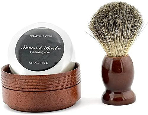 Pure Badger Hair Shaving Brush, Natural Wood Mug Bowl Hand-Made Soap Barber Set